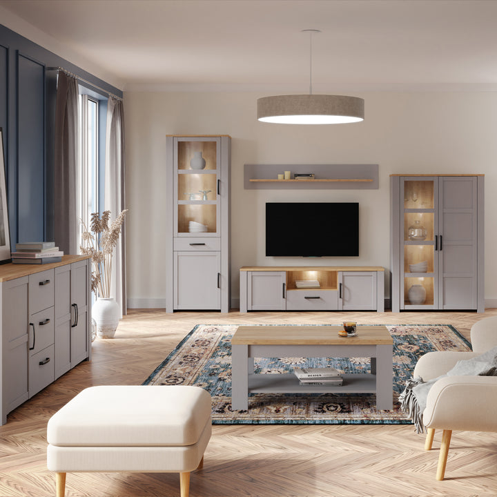 Bohol Narrow Display Cabinet inc. 2x LED Lights in Riviera Oak/Grey Oak - TidySpaces