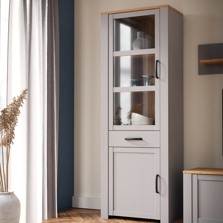Bohol Narrow Display Cabinet inc. 2x LED Lights in Riviera Oak/Grey Oak - TidySpaces