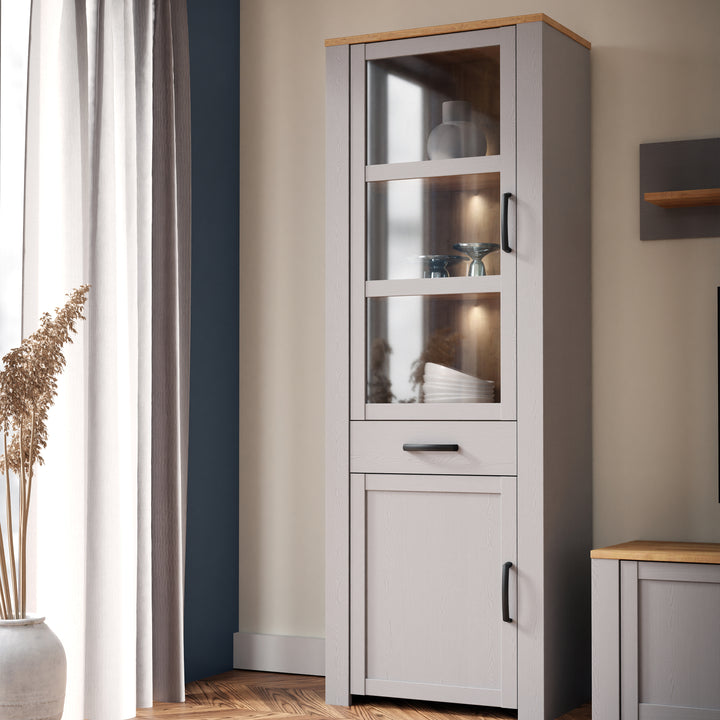 Bohol Narrow Display Cabinet inc. 2x LED Lights in Riviera Oak/Grey Oak - TidySpaces