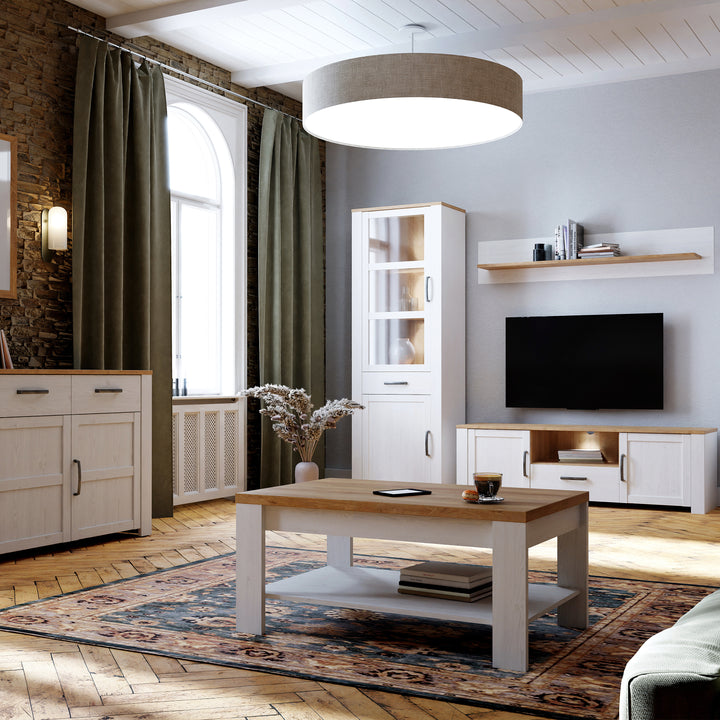 Bohol Narrow Display Cabinet inc. 2x LED Lights in Riviera Oak/White - TidySpaces