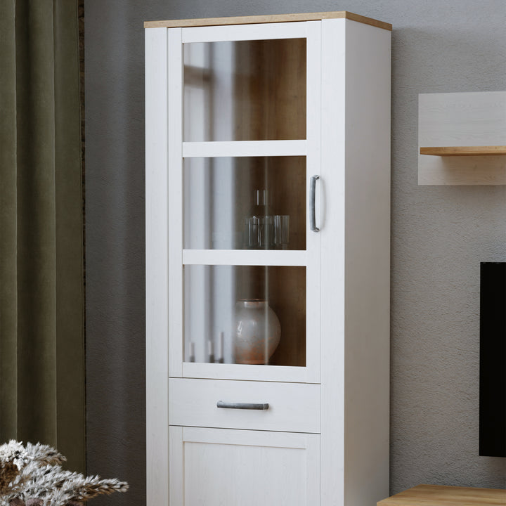 Bohol Narrow Display Cabinet inc. 2x LED Lights in Riviera Oak/White - TidySpaces