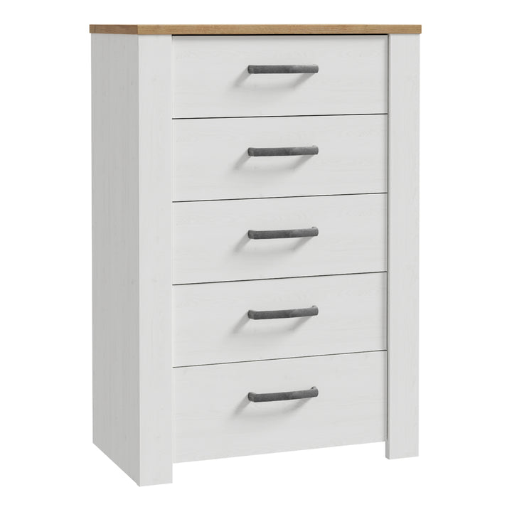 Bohol 5 Drawer Narrow Chest in Riviera Oak/White - TidySpaces