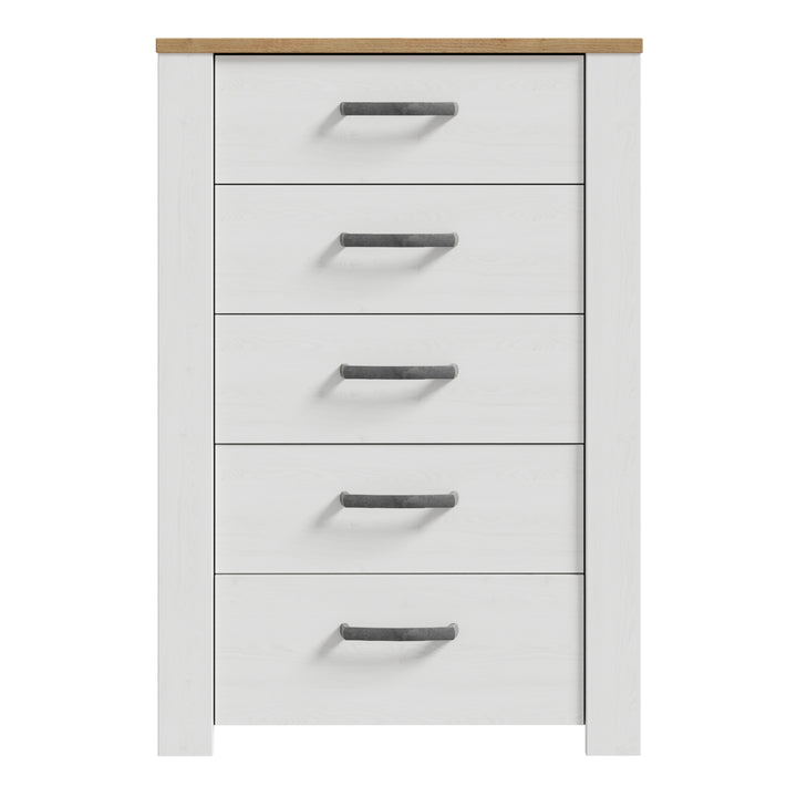 Bohol 5 Drawer Narrow Chest in Riviera Oak/White - TidySpaces
