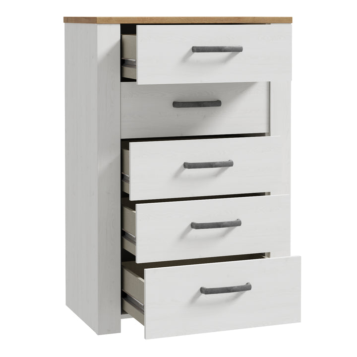 Bohol 5 Drawer Narrow Chest in Riviera Oak/White - TidySpaces