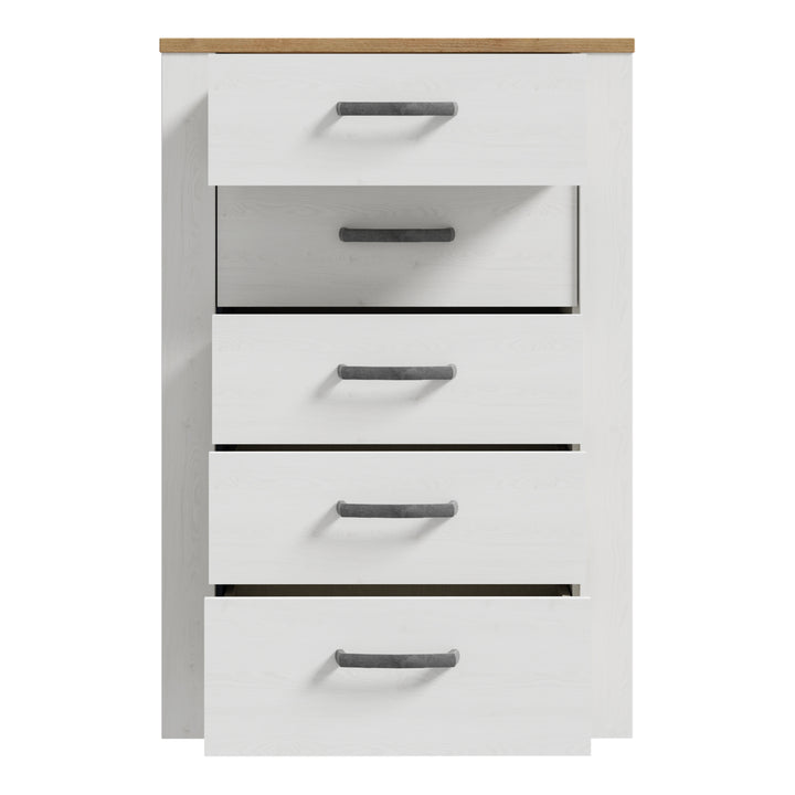 Bohol 5 Drawer Narrow Chest in Riviera Oak/White - TidySpaces