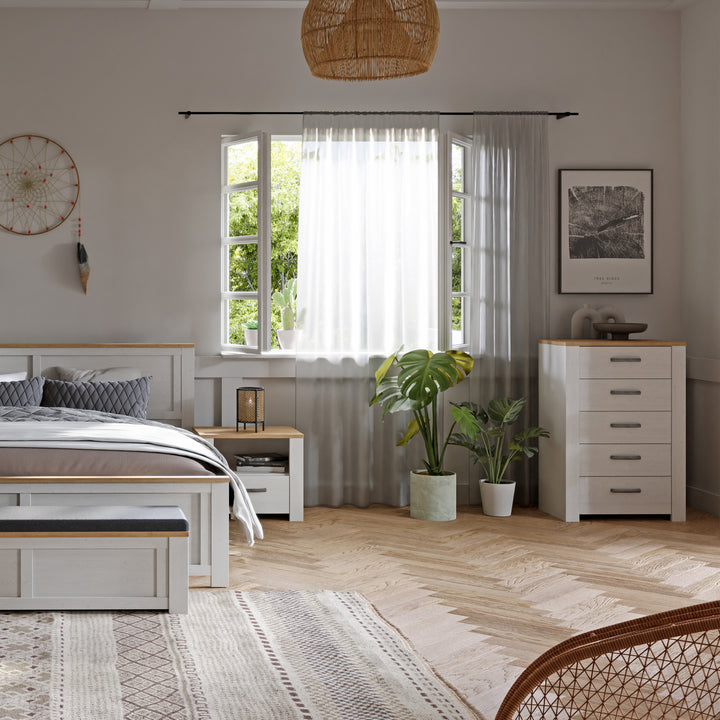 Bohol 5 Drawer Narrow Chest in Riviera Oak/White - TidySpaces