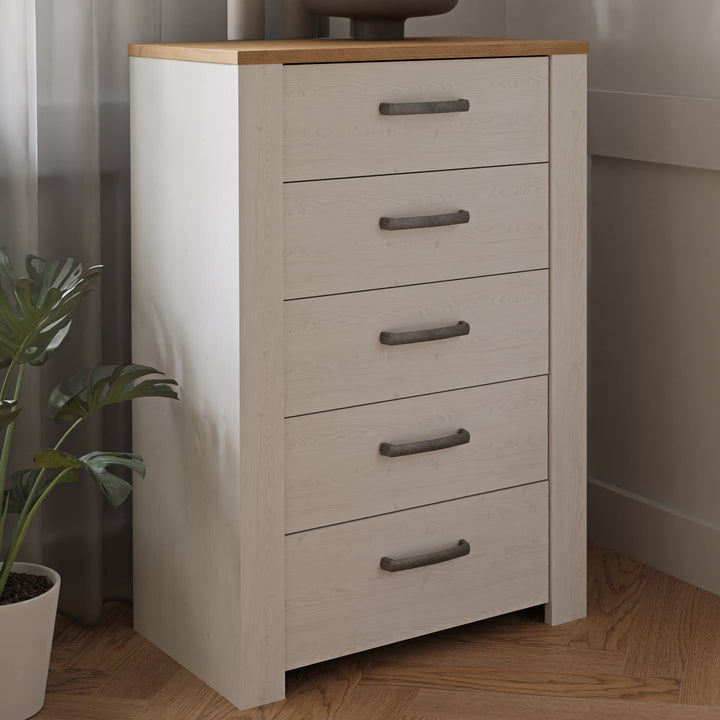 Bohol 5 Drawer Narrow Chest in Riviera Oak/White - TidySpaces