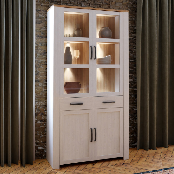 Bohol Display Cabinet 4 Door 1 Drawer in Oak/White inc LED Lighting - TidySpaces