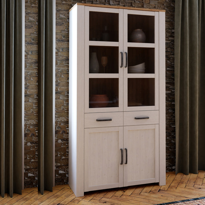 Bohol Display Cabinet 4 Door 1 Drawer in Oak/White inc LED Lighting - TidySpaces