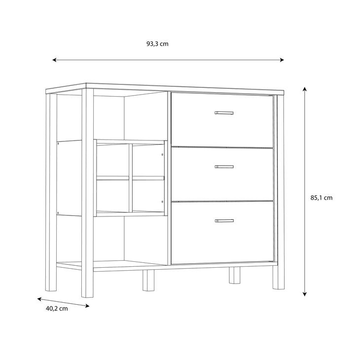 High Rock 3 Drawer Display Chest in Matt Black/Riviera Oak - TidySpaces