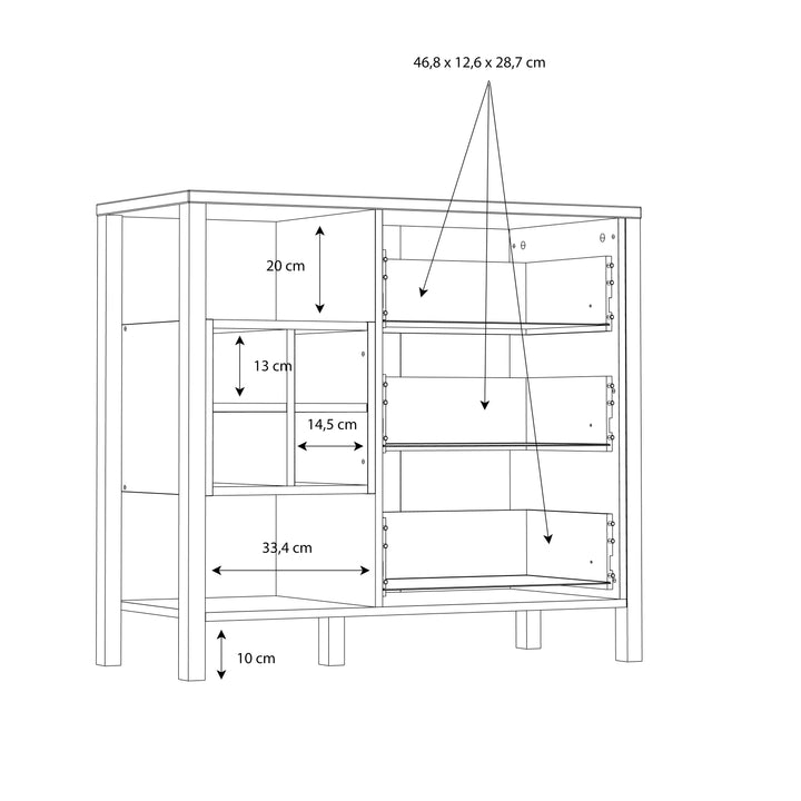 High Rock 3 Drawer Display Chest in Matt Black/Riviera Oak - TidySpaces