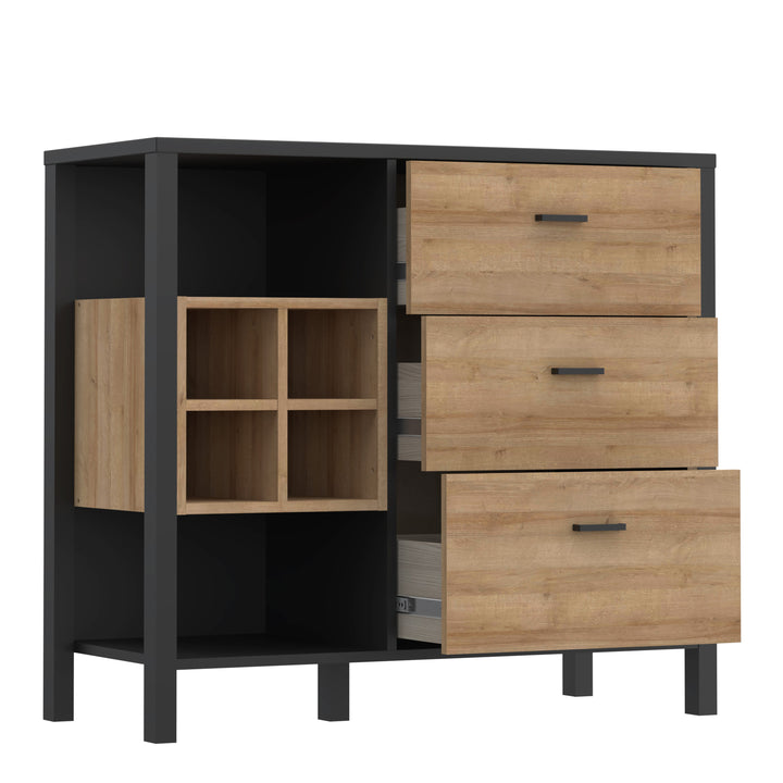 High Rock 3 Drawer Display Chest in Matt Black/Riviera Oak - TidySpaces