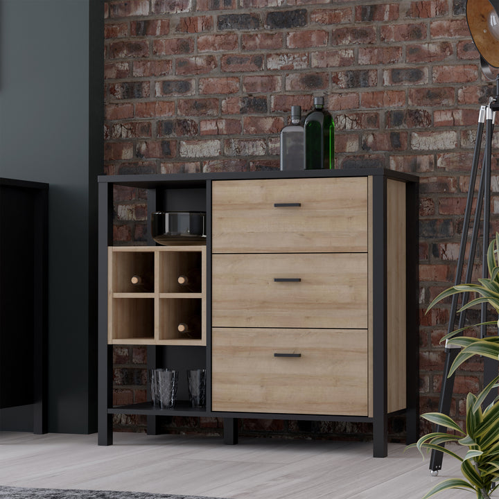 High Rock 3 Drawer Display Chest in Matt Black/Riviera Oak - TidySpaces