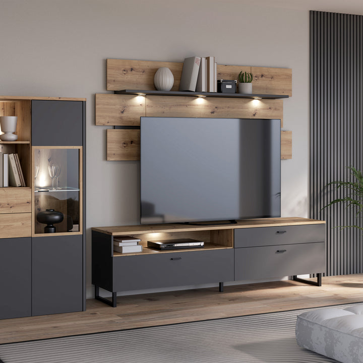 Klara TV Unit with 1 Drawer 2 Flip Doors in Grey and Oak inc LED Lighting - TidySpaces