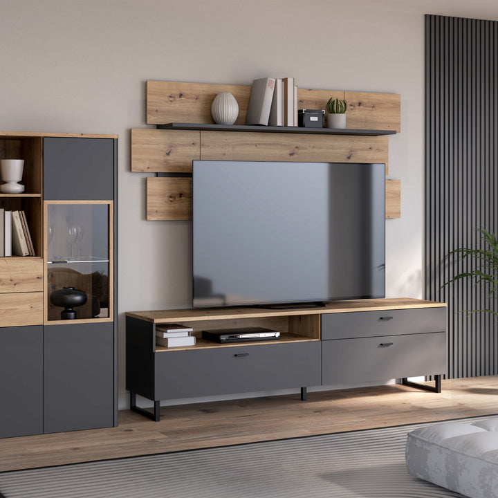 Klara TV Unit with 1 Drawer 2 Flip Doors in Grey and Oak inc LED Lighting - TidySpaces
