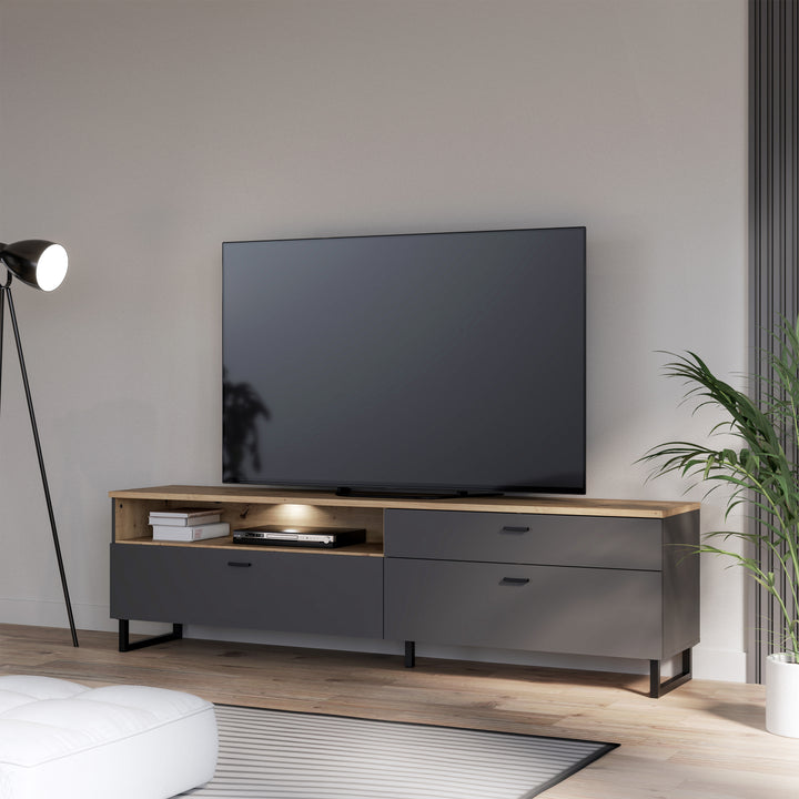 Klara TV Unit with 1 Drawer 2 Flip Doors in Grey and Oak inc LED Lighting - TidySpaces