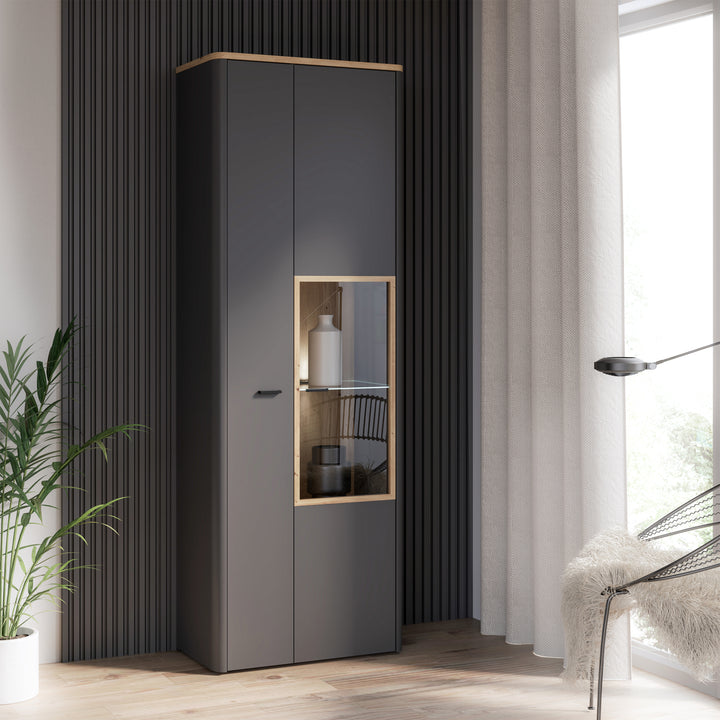 Klara Display Cabinet with 1 Door  and 1 Glass Door in Grey and Oak inc LED Lighting - TidySpaces
