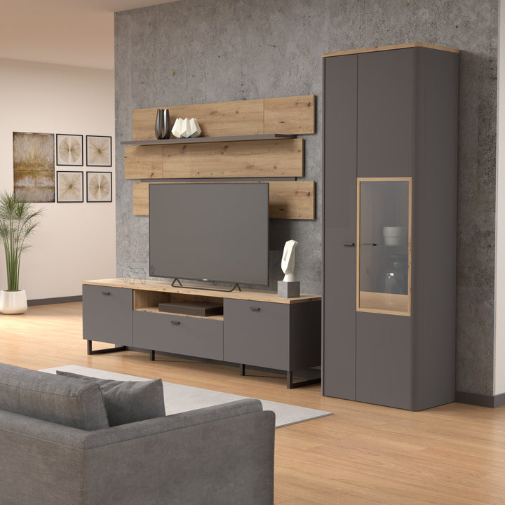 Klara Display Cabinet with 1 Door  and 1 Glass Door in Grey and Oak inc LED Lighting - TidySpaces
