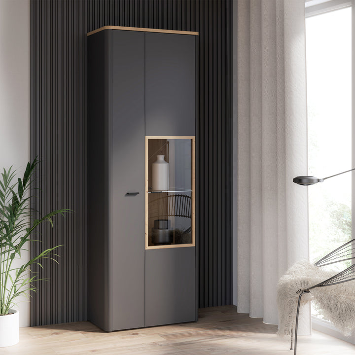 Klara Display Cabinet with 1 Door  and 1 Glass Door in Grey and Oak - TidySpaces