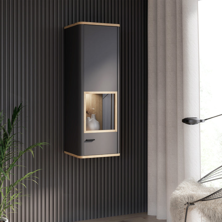 Klara Display Cabinet with 1 Glass Door in Grey and Oak inc LED Lighting - TidySpaces