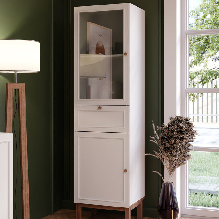 Wensley Display Cabinet with 1 Door 1 Drawer and  1 Glass Door in Light Grey and Oak - TidySpaces