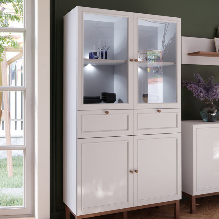 Wensley Display Cabinet with 2 Doors 2 Drawers and 2 Glass Doors in Light Grey and Oak inc LED Lighting - TidySpaces