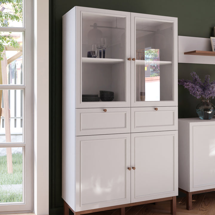 Wensley Display Cabinet with 2 Doors 2 Drawers and 2 Glass Doors in Light Grey and Oak inc LED Lighting - TidySpaces