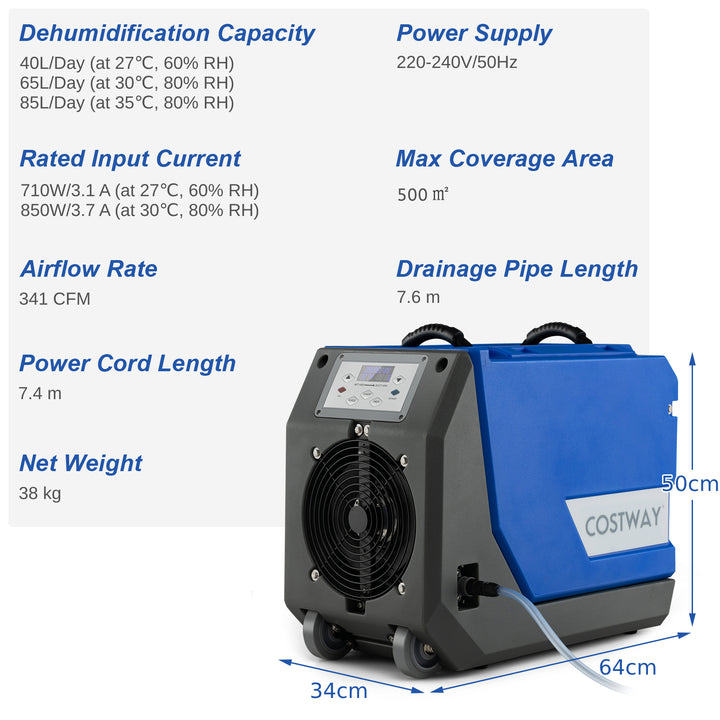 85L/Day Commercial Dehumidifier with Pump and 24H Timer-Blue - TidySpaces