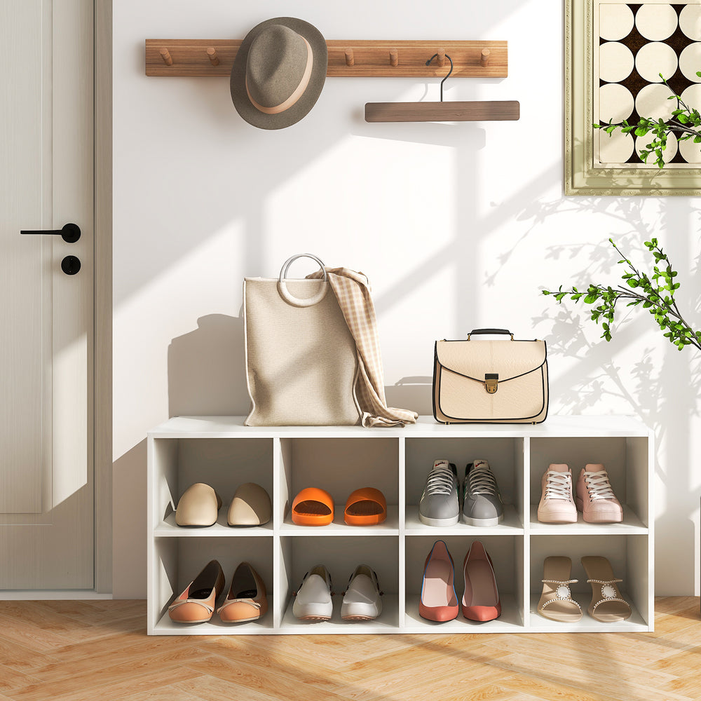 8 Grid Shoe Bench 2 in 1 Shoe Organizer with 8 Storage Cubbies-White - TidySpaces