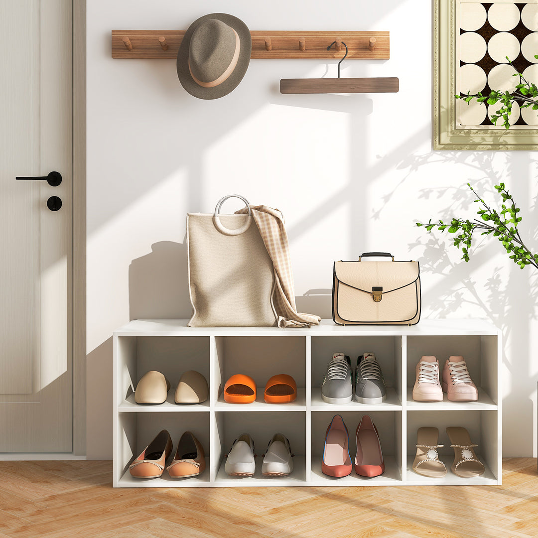 8 Grid Shoe Bench 2 in 1 Shoe Organizer with 8 Storage Cubbies-White - TidySpaces
