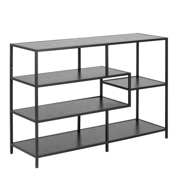 Seaford Wide Black Metal Bookcase with 4 Black Oak Shelves - TidySpaces