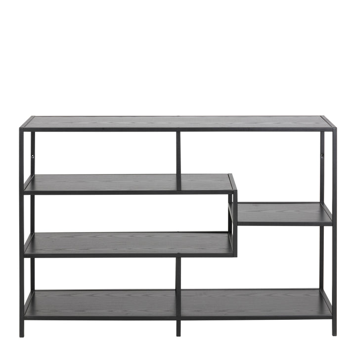 Seaford Wide Black Metal Bookcase with 4 Black Oak Shelves - TidySpaces
