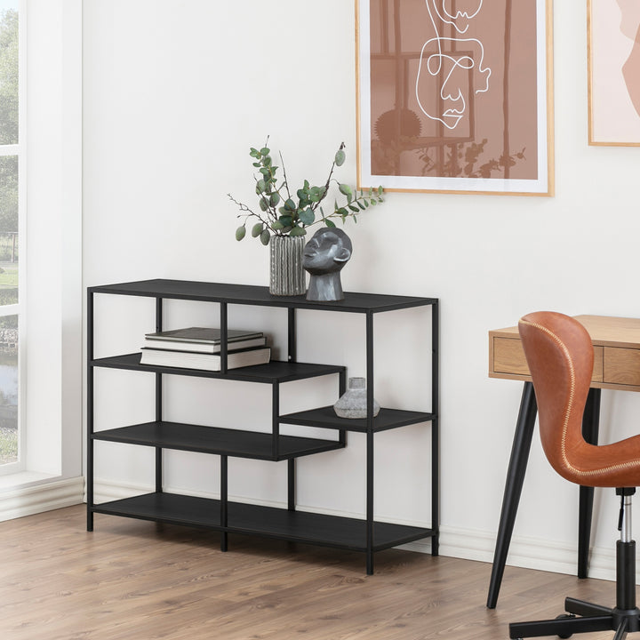 Seaford Wide Black Metal Bookcase with 4 Black Oak Shelves - TidySpaces