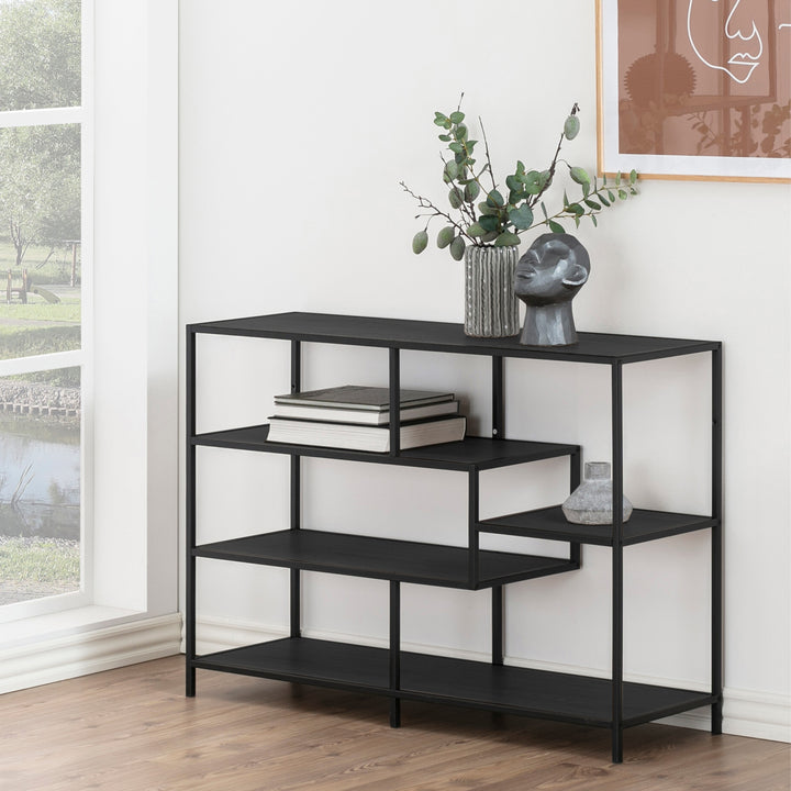 Seaford Wide Black Metal Bookcase with 4 Black Oak Shelves - TidySpaces