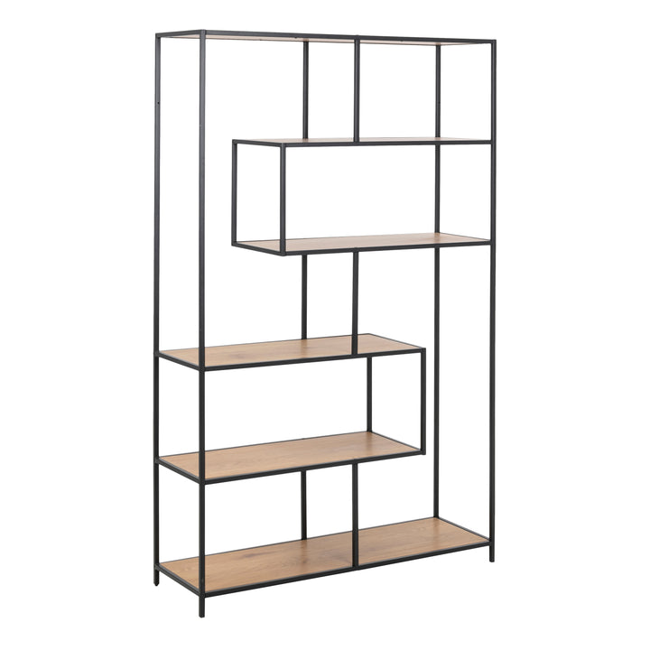 Seaford Black Metal Large Asymmetrical Bookcase with 5 Oak Shelves - TidySpaces