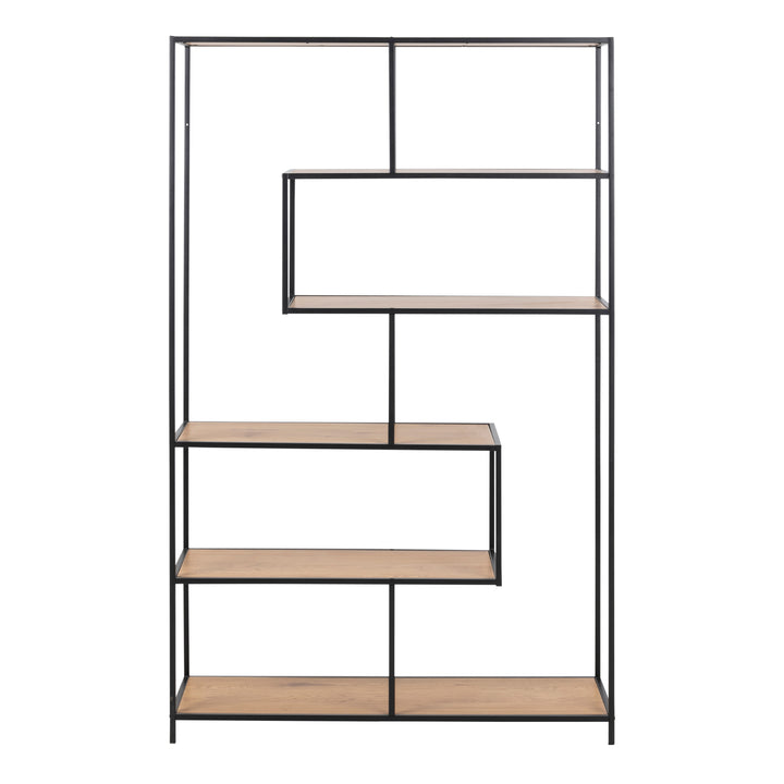 Seaford Black Metal Large Asymmetrical Bookcase with 5 Oak Shelves - TidySpaces