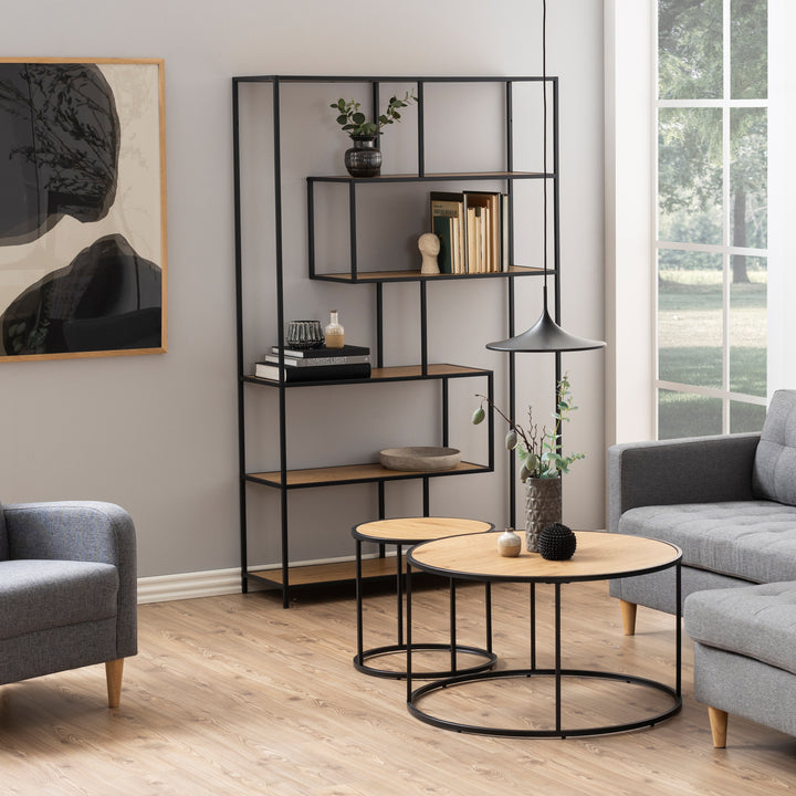 Seaford Black Metal Large Asymmetrical Bookcase with 5 Oak Shelves - TidySpaces