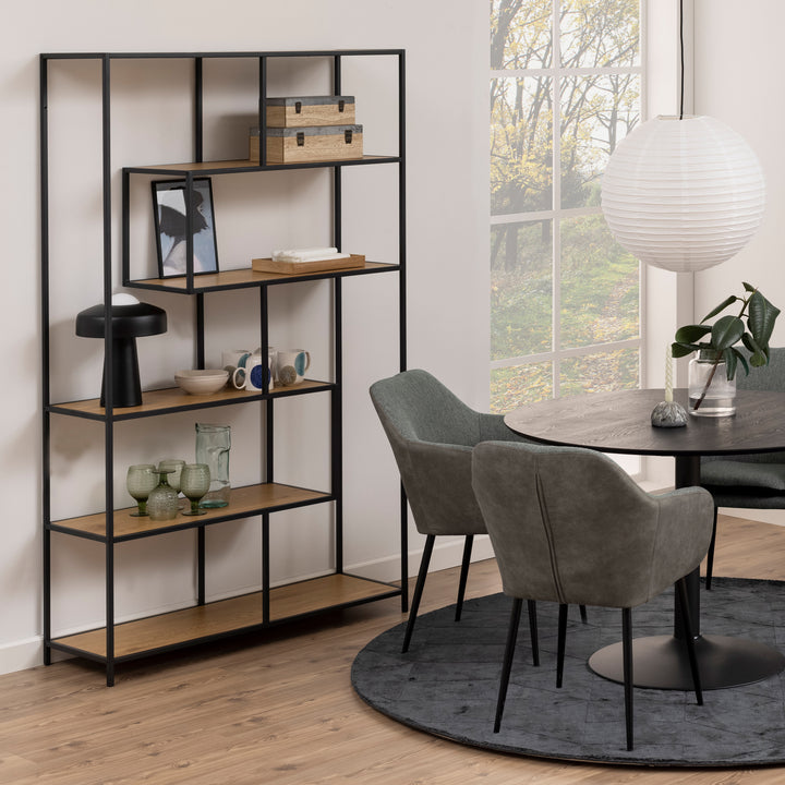 Seaford Black Metal Large Asymmetrical Bookcase with 5 Oak Shelves - TidySpaces