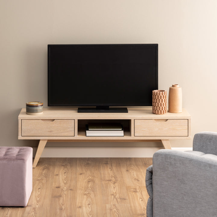 A-Line TV Unit with 2 Drawers in White Oak - TidySpaces