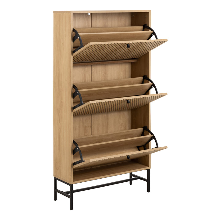 Albany Shoe Cabinet 3 Flip Down Doors in Oak/Black Legs - TidySpaces
