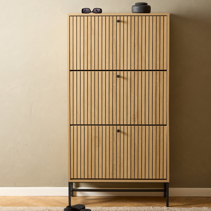 Albany Shoe Cabinet 3 Flip Down Doors in Oak/Black Legs - TidySpaces