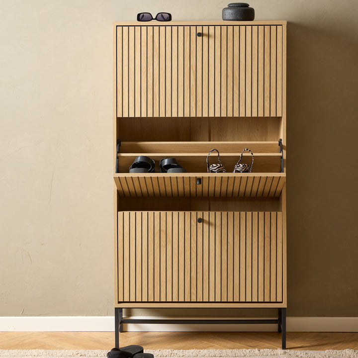 Albany Shoe Cabinet 3 Flip Down Doors in Oak/Black Legs - TidySpaces
