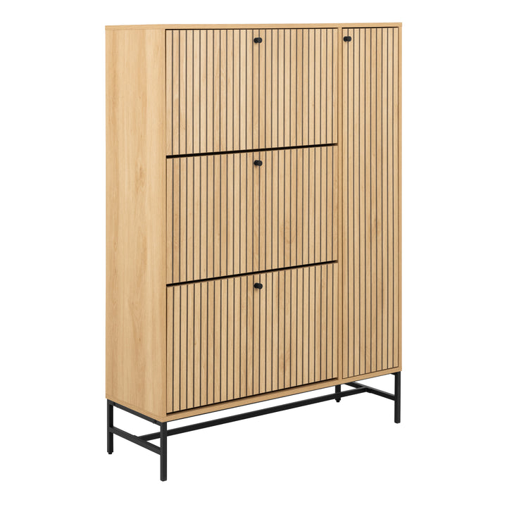 Albany Shoe Cabinet 3 Flip Down Doors 1 Pull Open Door in Oak/Black Legs - TidySpaces