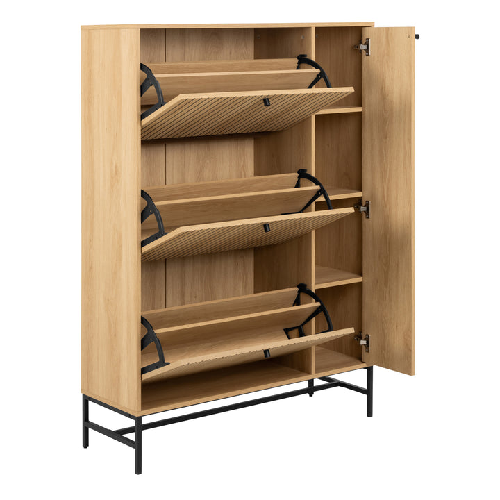 Albany Shoe Cabinet 3 Flip Down Doors 1 Pull Open Door in Oak/Black Legs - TidySpaces