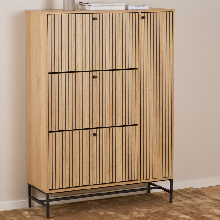 Albany Shoe Cabinet 3 Flip Down Doors 1 Pull Open Door in Oak/Black Legs - TidySpaces