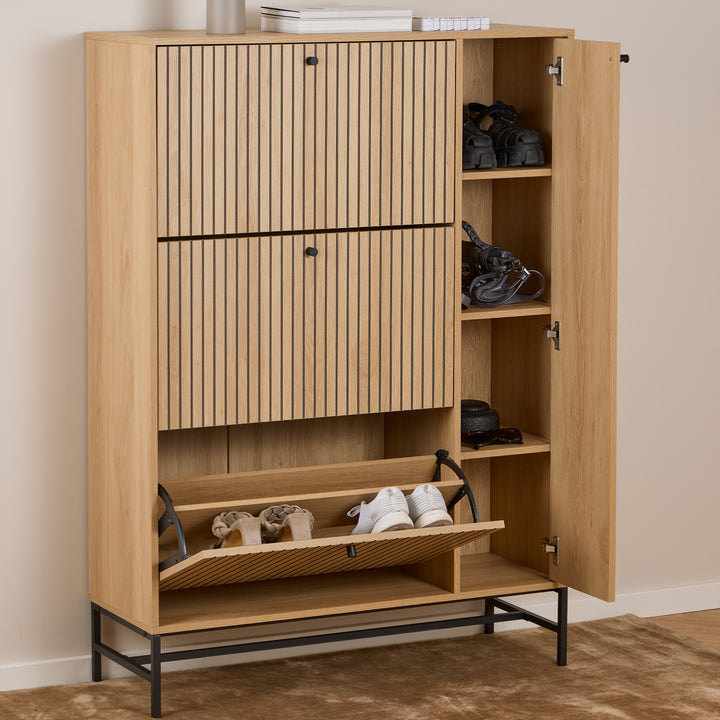 Albany Shoe Cabinet 3 Flip Down Doors 1 Pull Open Door in Oak/Black Legs - TidySpaces
