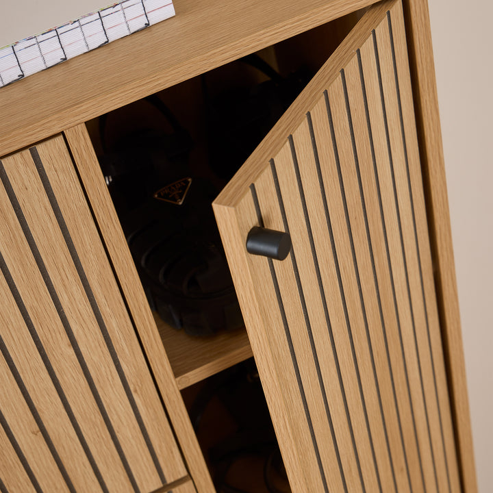 Albany Shoe Cabinet 3 Flip Down Doors 1 Pull Open Door in Oak/Black Legs - TidySpaces