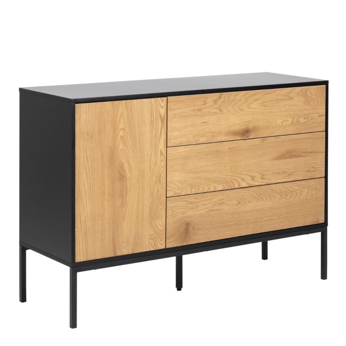 Seaford 1 Door 3 Drawer Small Sideboard in Black & Oak - TidySpaces