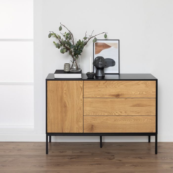 Seaford 1 Door 3 Drawer Small Sideboard in Black & Oak - TidySpaces