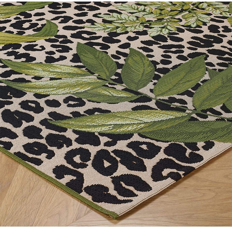 Indoor Outdoor Rug Cream Green Tropical Animal Print - TidySpaces